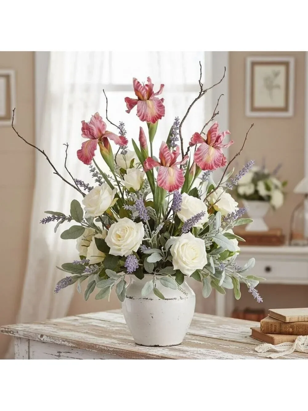 Artificial Iris Flower 33 Inch Tall Pink Faux Iris Stem Hand Painted Look Floral